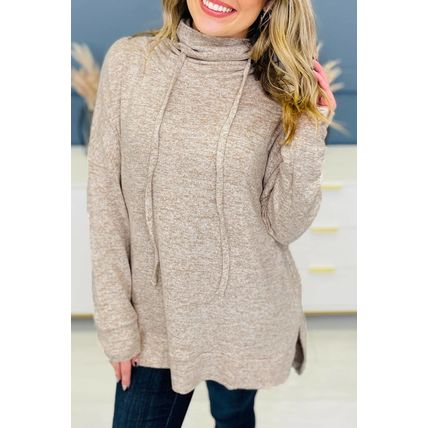 Apricot Drawstring Cowl High Neck Long Sleeve Split Top