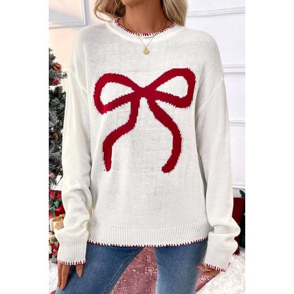 White Bow Pattern Contrast Trim Christmas Loose Graphic Sweater