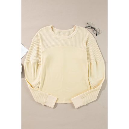 Beige Thermal Knit Patchwork Exposed Seam Long Sleeve Top