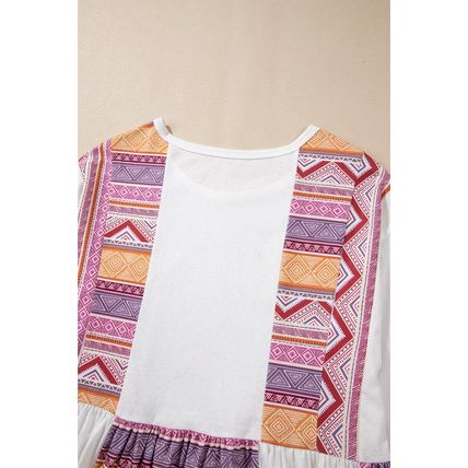 White Western Aztec Print Patchwork Ruffled Tunic Long Sleeve Babydoll Top