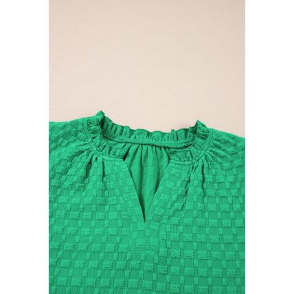 Bright Green Textured Puff Short Sleeve Notched V Neck Top