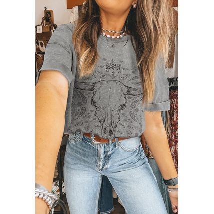 Light Grey Western Steer Head Tie Dye Print Crew Neck T Shirt