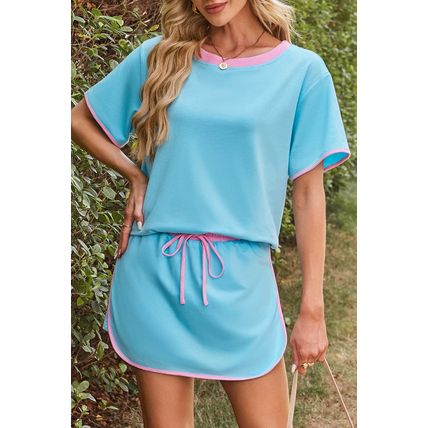 Turquoise Colorblock Edge Drop Shoulder T Shirt and Skort 2Pcs Set