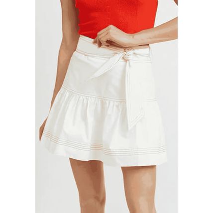 White Contrast Stitching Trim Knotted High Waist A-Line Mini Skirt
