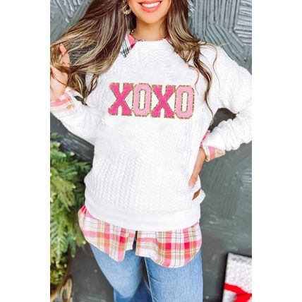White XOXO Glitter Chenille Cable Knit Pullover Sweatshirt