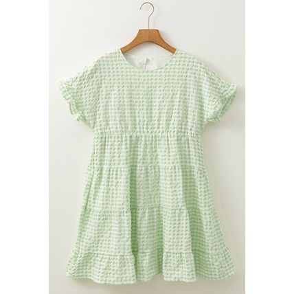 Green Stripe Textured Tiered Short Sleeve Loose Mini Dress