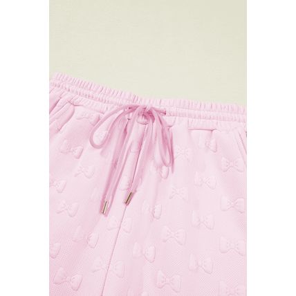 Pink Bow Jacquard Ruffle Sleeve Short 2pcs Outfit