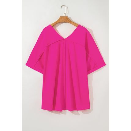 Bright Pink Seamed Back High Low Hem V Neck Cuffed Sleeve Plus Size Tee