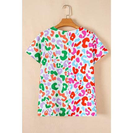 Green Contrast Leopard Print V Neck Short Sleeve Blouse