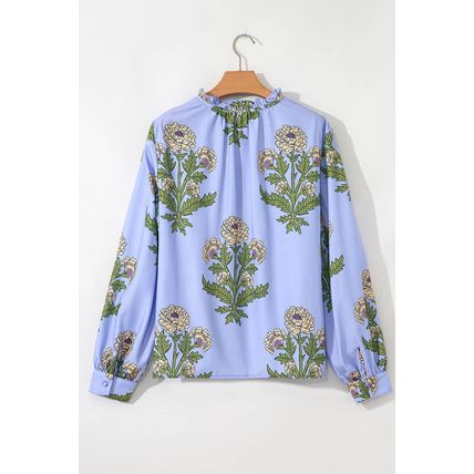 Sky Blue Floral Print Button Tie Neck Long Puff Sleeve Blouse