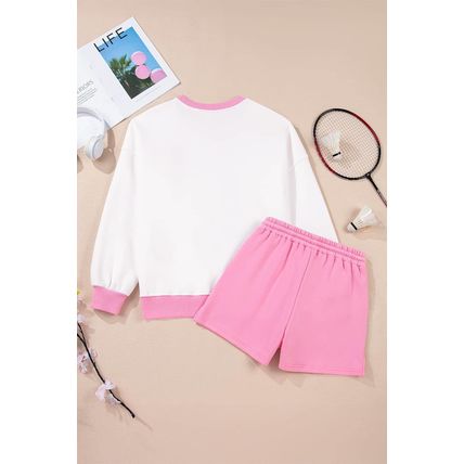 Strawberry Pink Color Block Pullover and Lace-up Elastic Waist Shorts Set