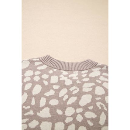 Gray Leopard Spots Pattern Ribbed Trim Drop Shoulder Sweater