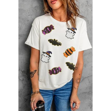 White Sequined Halloween Spirit Pattern Patched Custom Casual Tee