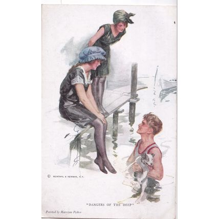 Reinthal & Newman Postcard H Fisher Dangers of th Deep Boy with Dog & Girls