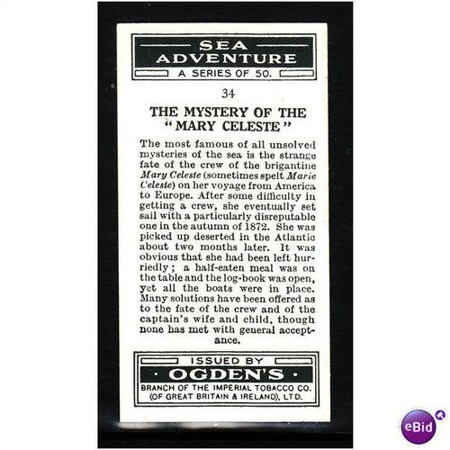 Ogden's Cards 1939 Sea Adventure No 34 The Mystery of the Mary Celeste Fine Mint