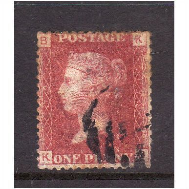GREAT BRITAIN 1858-79 QV SG44 1d RED BROWN PLATE 179 LETTERED KB USED