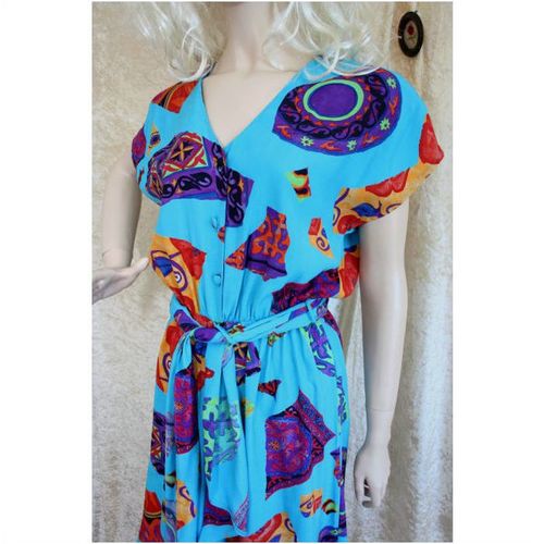 Designer Vintage 1980 Play Suit Dress Size 12 UK Womens Turquoise Purple Red