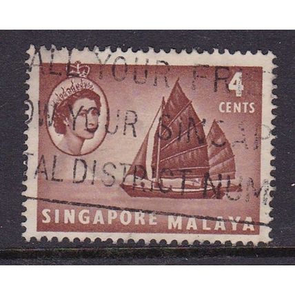 SINGAPORE 1955 QEII 4c SHIP USED SG40