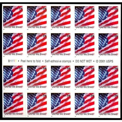 United We Stand & Flag Sheet of Twenty 34 Cent Postage Stamps Scott 3549