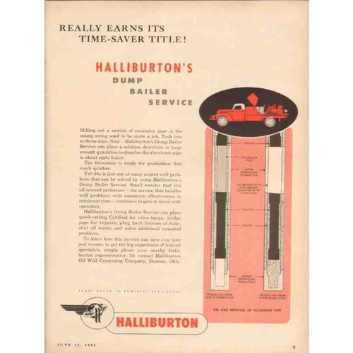 HALLIBURTON OIL WELL CEMENTING 1953 time-saver dump bailer vintage ad