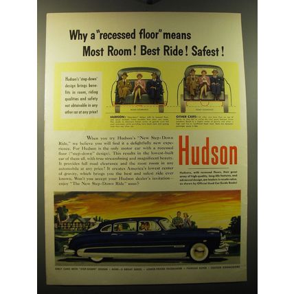 1950 Hudson Cars Ad - Why a recessed floor means most room! Best Ride!