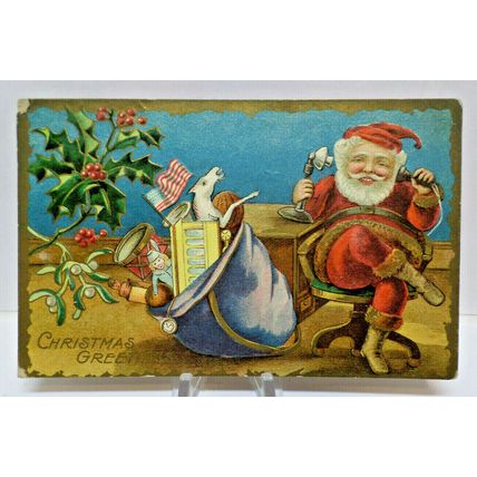 1910 Santa Claus Embossed Postcard Toys Horse Doll Watch Basketball Drums (A6)