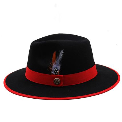 New Men’s Black & Red Fedora Wool Feather Dress Hat (Size 56-58CM)
