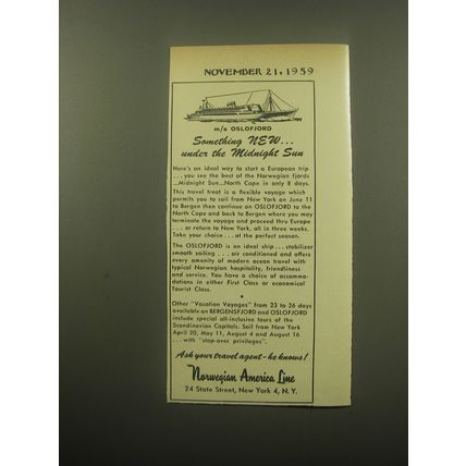 1959 Norwegian America Line Cruise Ad - Something new.. under the midnight sun