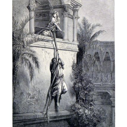 ESCAPE OF DAVID THROUGH THE WINDOW 1885 Gustave Doré ANTIQUE ENGRAVING