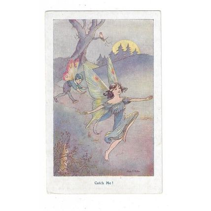 Hilda Miller, Children, Fantasy, Fairies, Catch Me, Artist Signed Postcard.