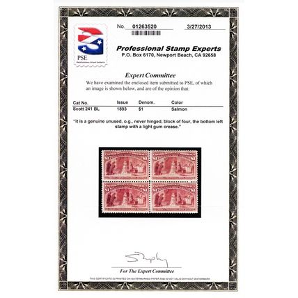 241, Mint FVF NH $1 Block - Columbian With PSE Certificate * Stuart Katz