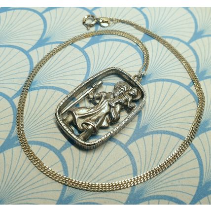 Vintage 925 Sterling Silver Large St Christopher Medallion Pendant Necklace 1970