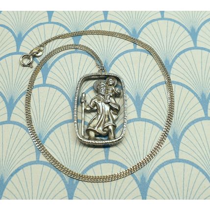 Vintage 925 Sterling Silver Large St Christopher Medallion Pendant Necklace 1970