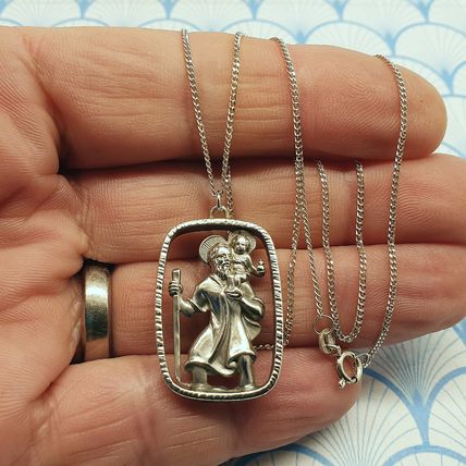 Vintage 925 Sterling Silver Large St Christopher Medallion Pendant Necklace 1970