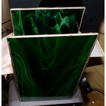 VINTAGE RECTANGULAR GREEN ACRYLIC GLASS PENCIL HOLDER WITH METAL FRAME