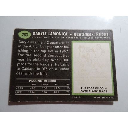 1969 Topps Football Card # 263 Daryle Lamonica Very Good (3) Oakland Raiders