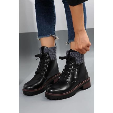Black Knitted Patched Lace-up Heeled Ankle Boots