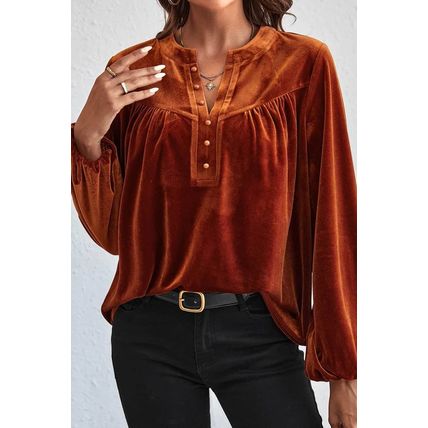 Gold Flame Lantern Sleeve Beaded Split V Neck Velvet Top