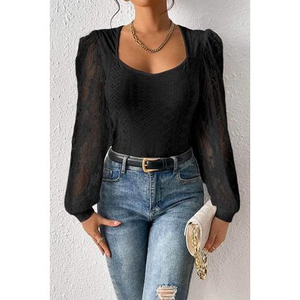 Black Frenchy Contrast Lace Bishop Sleeve Bodysuit