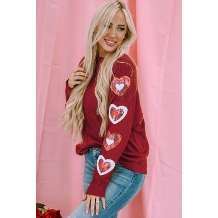 Red Sequined Heart Printed Sleeves Valentine Fashion Top