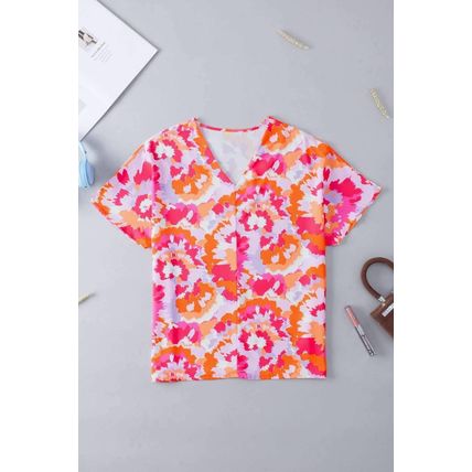 Rose Red Abstract Print V Neck Summer Blouse