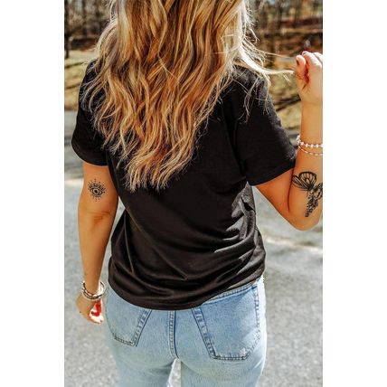 Black Rhinestone Leopard Skull Graphic Crewneck Casual T Shirt