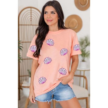 Pink Sequin Shell Graphic Round Neck T Shirt