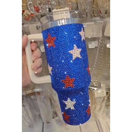Dark Blue Star Shape Rhinestone Handle Large Vacuum Cup 40oz