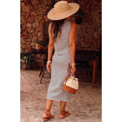 White Striped Print Sleeveless Buttoned Maxi Dress