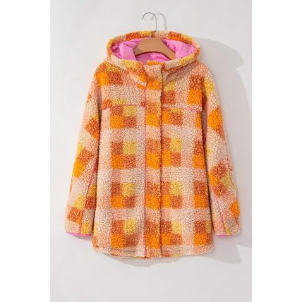 Orange Checkered Sherpa Hooded Jacket