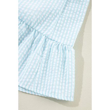 Myosotis Seersucker Ruffled Puff Sleeve Stand Neck Mini Dress