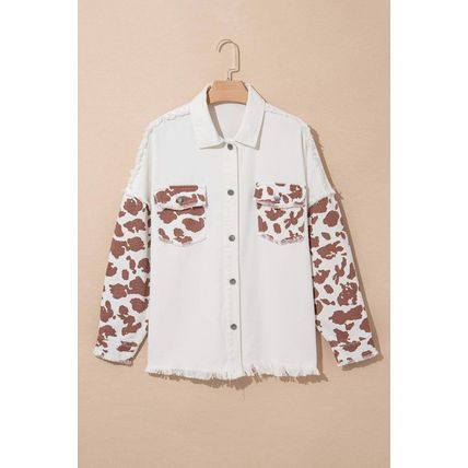 White Cow Spot Patchwork Flap Pocket Distressed Hem Long Denim Jacket