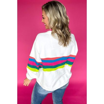 White Plus Size Colorful Striped Drop Shoulder Loose Sweatshirt