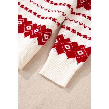 White Western Geometric Patterned Crew Neck Loose Sweater